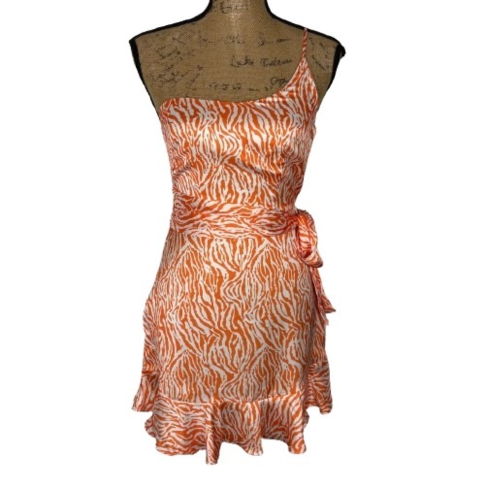 Angel Biba Orange White Zebra Stripe One Shoulder Mini Dress Satin Size XS